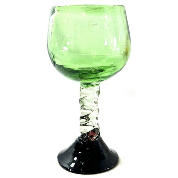 Vintage Hand Blown Art Glass Wine Goblet 7” Green Burgundy Base Twisted Stem - Picture 1 of 6